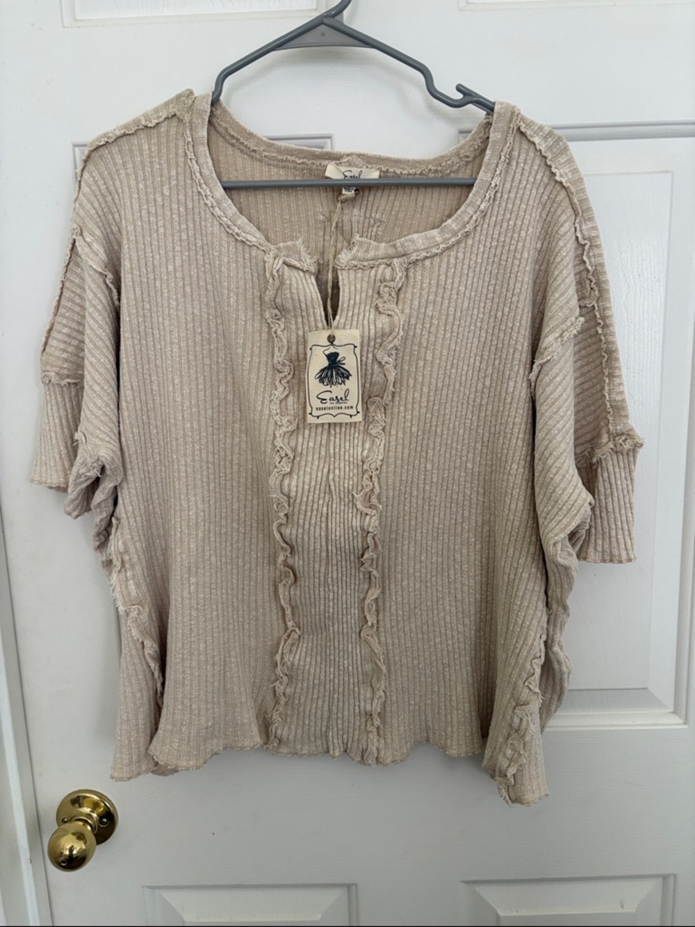 easel Ribbed Short Sleeve Tunic in Beige